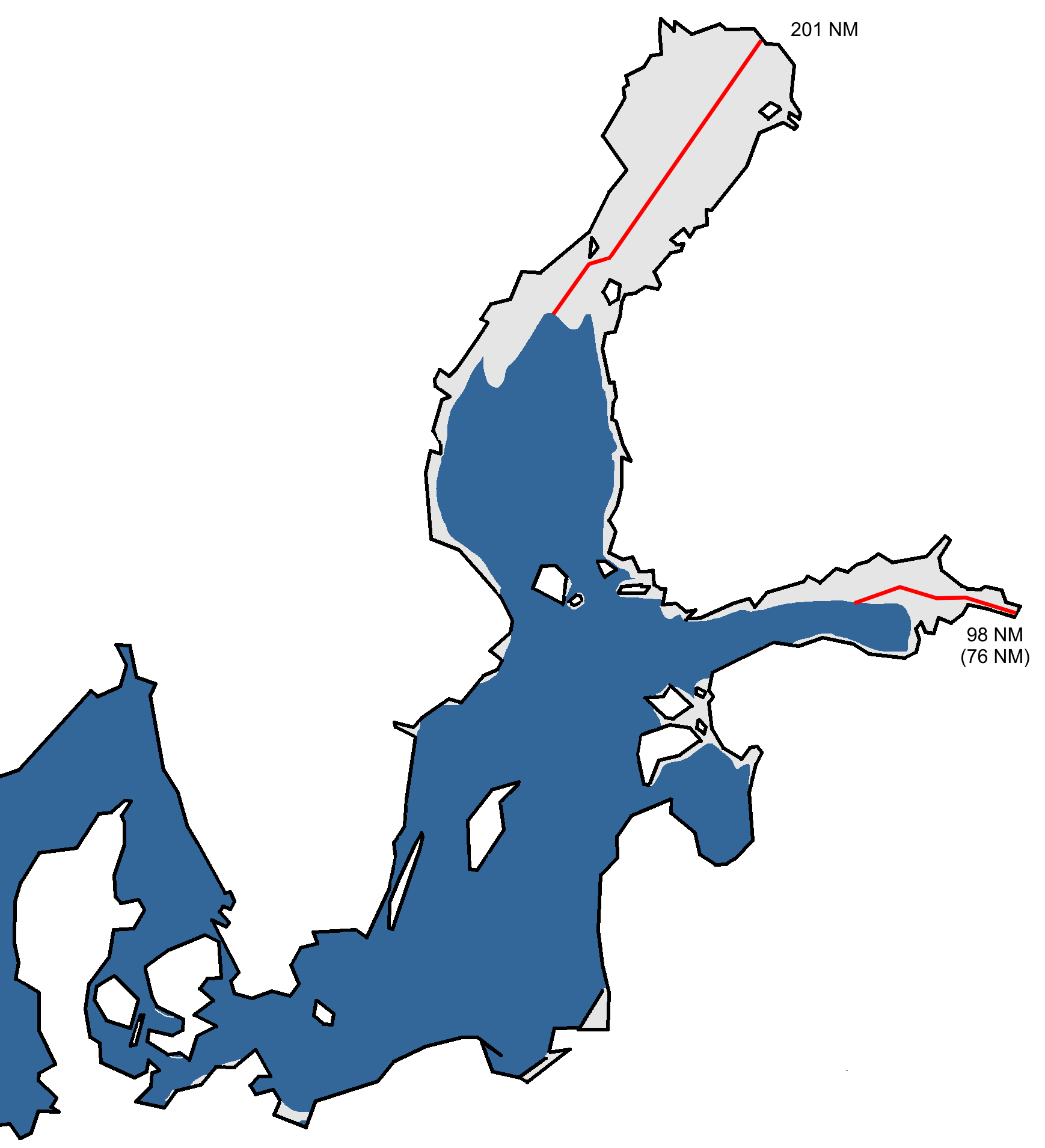 Kartta jään suurimmasta laajuudesta Itämerellä. Jäätä on lähinnä Perämerellä, Merenkurkussa, Suomenlahden itäosassa ja rannikoilla.