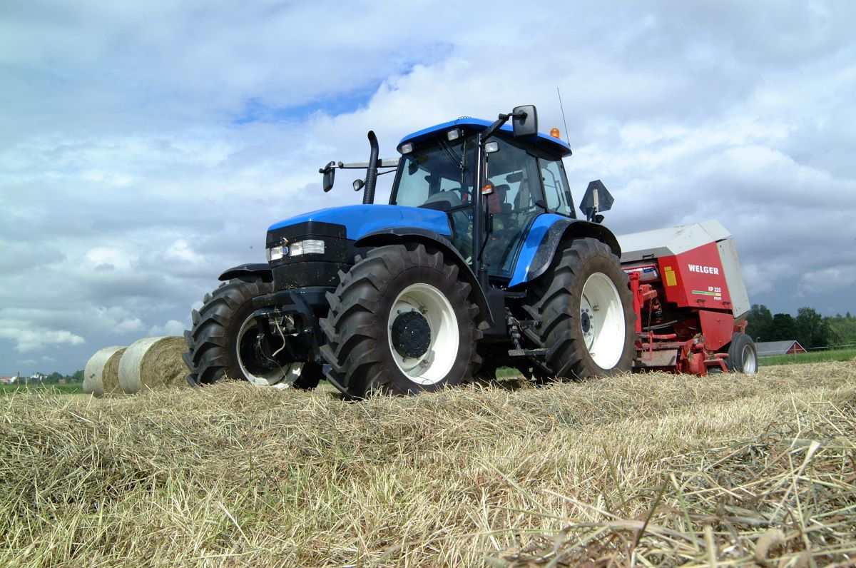 Traktori tekee isoja heinärullia kuivasta heinästä.