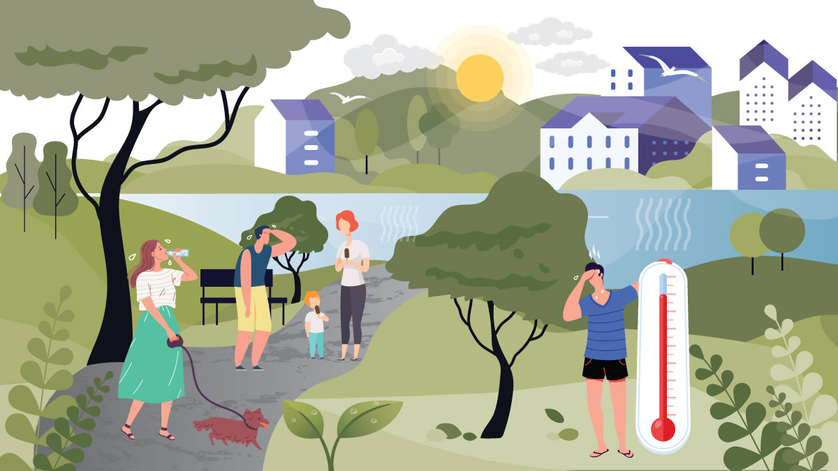 Ihmisillä ja koiralla on kuuma, kun aurinko hohtaa kuumasti, on tyyntä ja kosteaa.