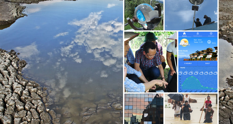 Kuvakollaasi, jossa valokuvia kuivuneesta vesistöstä, ilmakehän havainnointilaitteista, asiantuntijoista, sääsymboleista ja asukkaista kahlaamassa tulvan läpi.