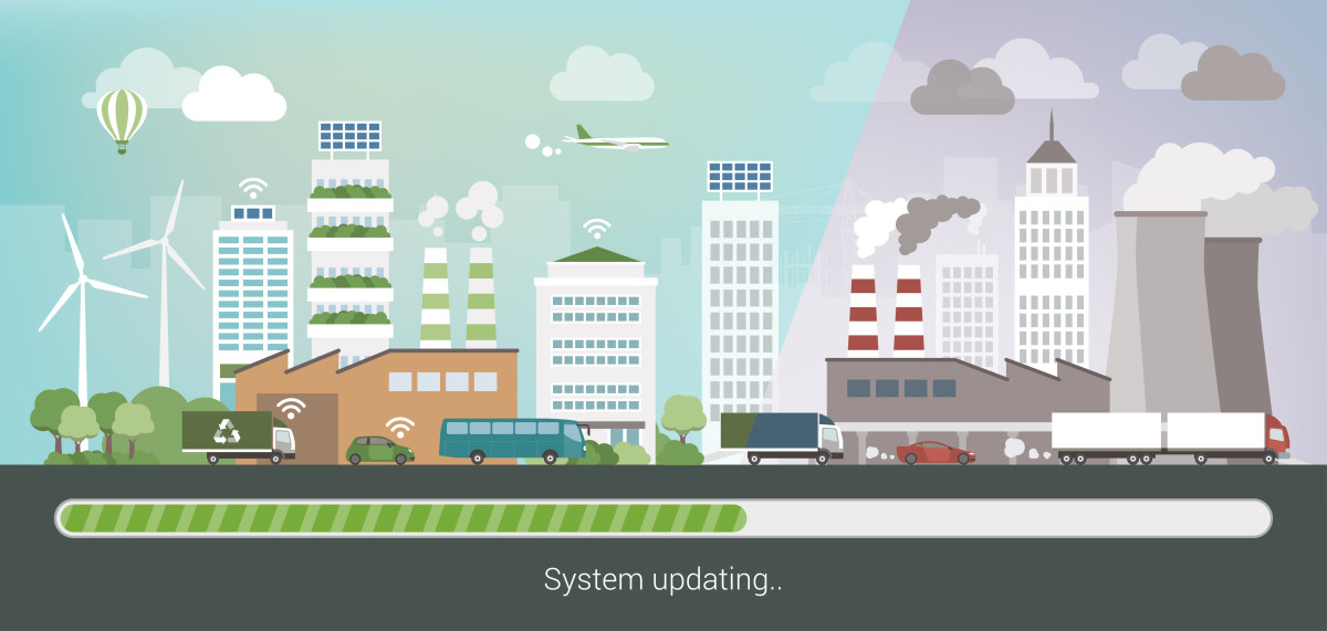 Kaupunkien kestävyyttä ja ilmastoneutraaliutta edistäviä ratkaisuja on monia, kuvassa näkyvät mm. uusiutuva energia, älyliikenne, vihreät kaupunkirakenteet ja energiantuotanto.
