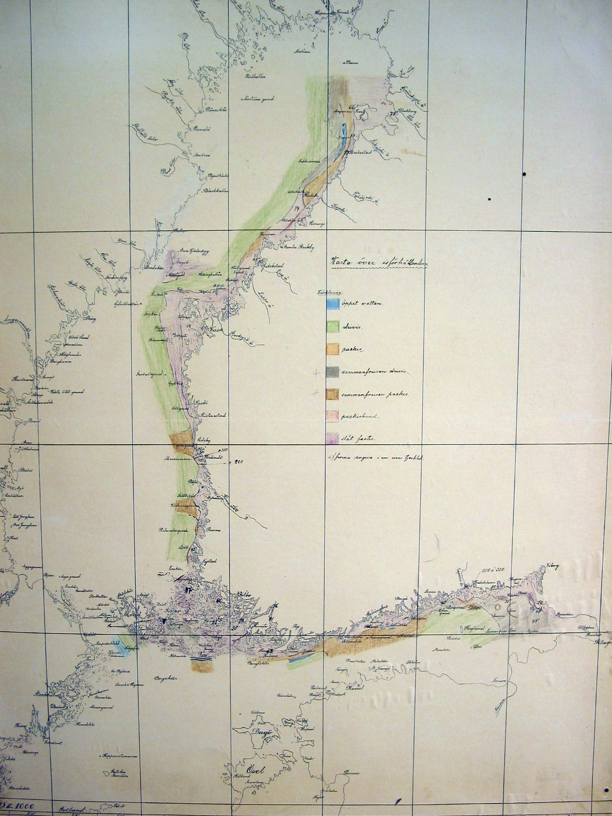 Piirretty ja värikynillä väritetty kartta Itämeren jäistä.