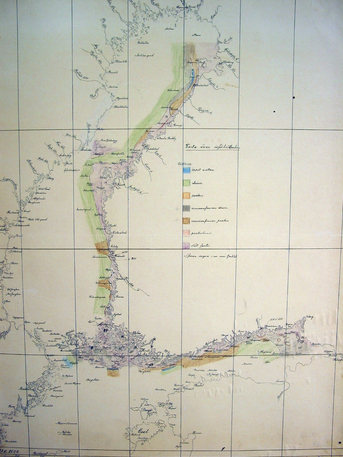 Piirretty ja värikynillä väritetty kartta Itämeren jäistä.