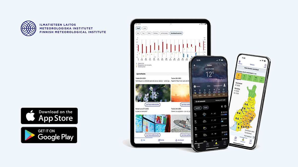 Näyttökuvia Paikallissää-sovelluksen erilaisista näkymistä älypuhelimilla ja tabletilla.