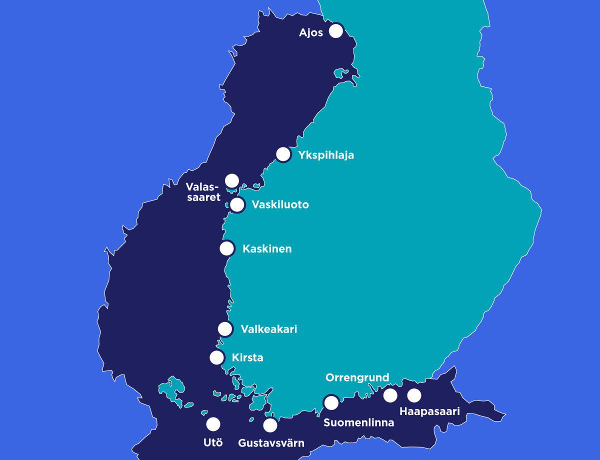 Paikat kartalla: Ajos, Ykspihlaja, Valassaaret, Vaskiluoto, Kaskinen, Valkeakari, Kirsta, Utö, Gustavsvärn, Suomenlinna, Orrengrund ja Haapasaari.