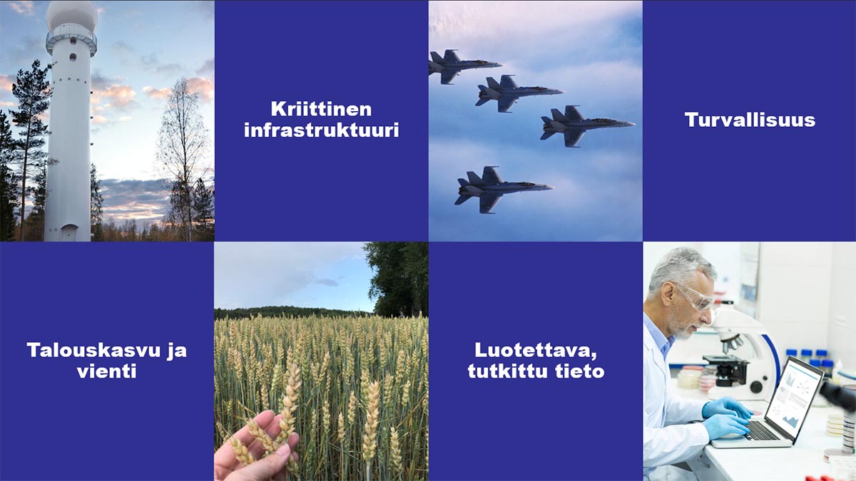 Ilmatieteen laitoksen teemaehdotukset: kriittinen infrastruktuuri, turvallisuus, talouskasvu ja tutkittu tieto.