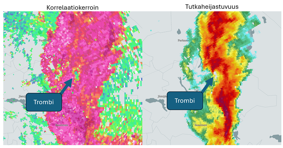 Tutkakuvaa Parkanon trombista Kankaanpään säätutkasta.