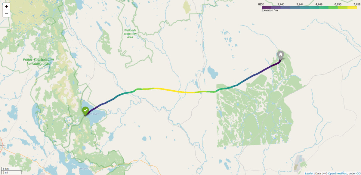 Kartta kuva näyttää pallon reitin lähtöpisteestä löytöpisteeseen. Matkaa kertyi noin 50 kilometriä. 