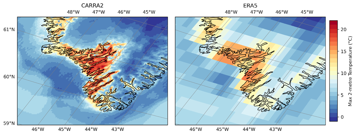 Kaksi karttakuvaa. Vasemmanpuoleisessa lämpötilat erottuvat hienojakoisemmin kuin oikeanpuoleisessa.