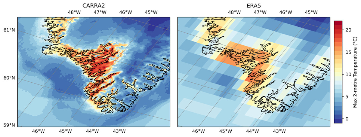 Kaksi karttakuvaa. Vasemmanpuoleisessa lämpötilat erottuvat hienojakoisemmin kuin oikeanpuoleisessa.