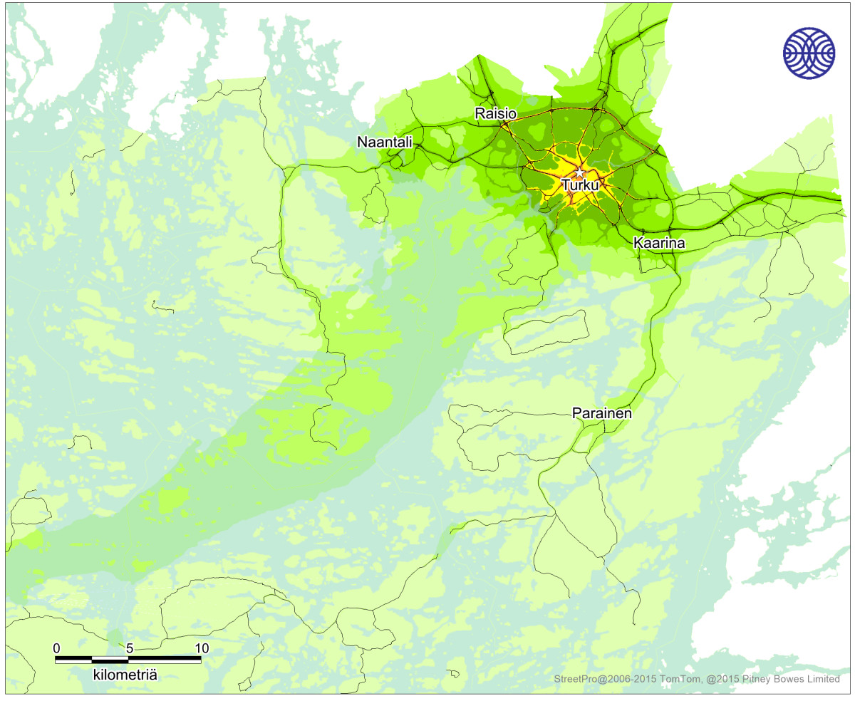 Ilmanlaadun leviämismallin antamien pitoisuuksien tuloskartta Turun seudulta.