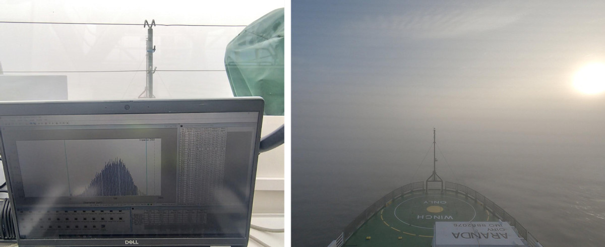 Images of fog from the observation deck of Aranda and a particle size distribution plot.
