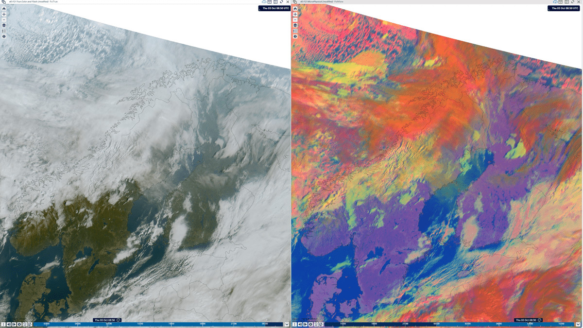 Kaksi meteorologin työaseman satelliittikuvaa. Kuvissa hyödynnetään eri väreinä näkyviä suodattimia karttapohjalla..