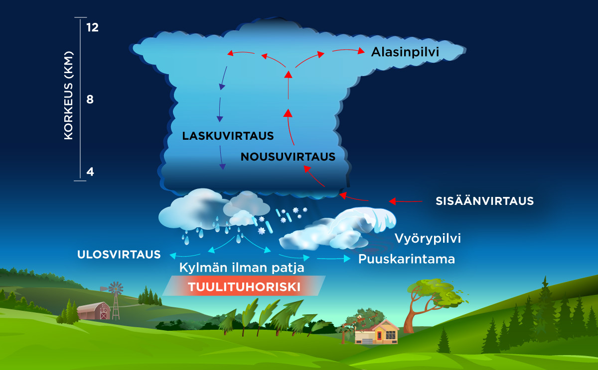 Ukkospilvi, johon on merkitty ilmavirtaukset, vyörypilvi ja tuulituhoriskialue.
