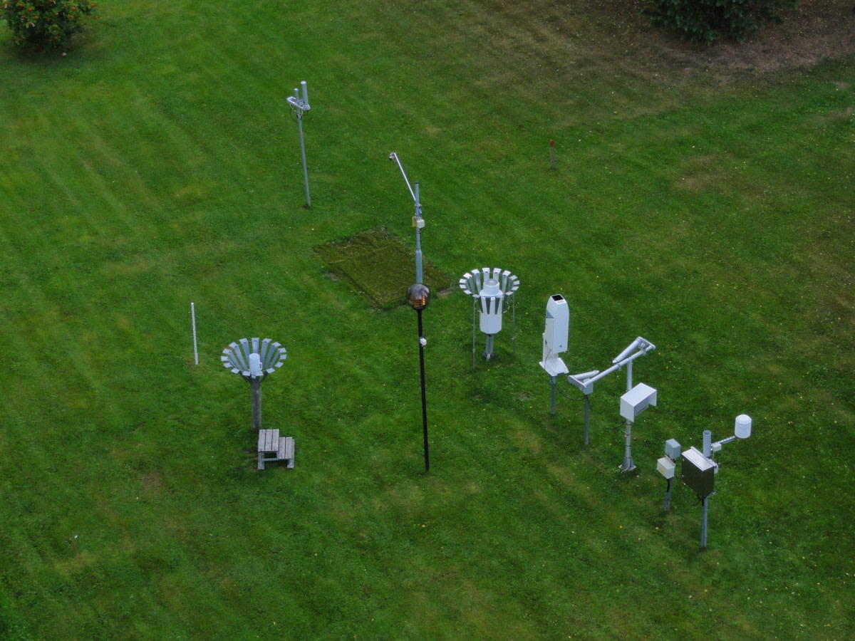 Havaintolaitteet rivissä havaintoaseman tasaisella nurmikentällä.