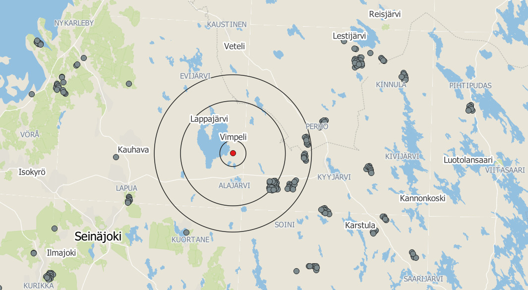 Arviointialueiden koko piirrettynä karttapohjalle Pohjanmaalle.