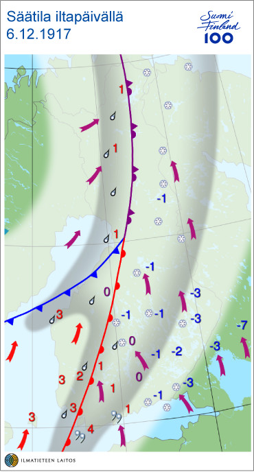 Koko Suomessa on sateista, lännessä vettä muualla vettä tai lunta. Lämpötila nollan molemmin puolin.