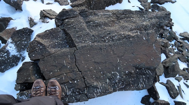 Rotkon seinämästä irronnut lohkare, laavapatjan pala, jossa näkyy koko laavapatjan poikkileikkaus. Patjan pohjaosassa on kohoavista kaasuista muodostuneita piippurakkuloita ja yläosassa laavan jäähtyneen pinnan alle vangiksi jääneitä kaasukuplia. 