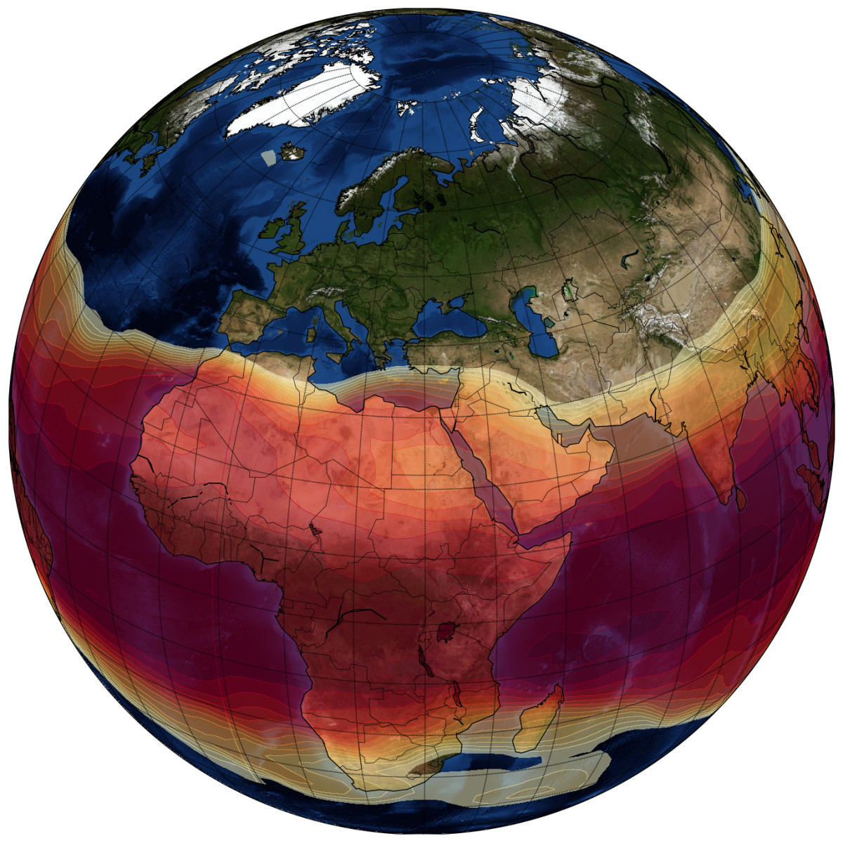 Kuvassa on maapallo. Päiväntasaajalle injektoidut rikkihiukkaset leviävät pohjoiselle ja eteläiselle pallonpuoliskolle. Kuvassa hiukkasten leviäminen näkyy punaisena ja keltaisena värinä.