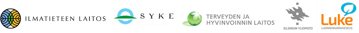 Logot: Ilmatieteen laitos, SYKE, Terveyden ja hyvinvoinnin laitos, Helsingin yliopisto, Luonnonvarakeskus.