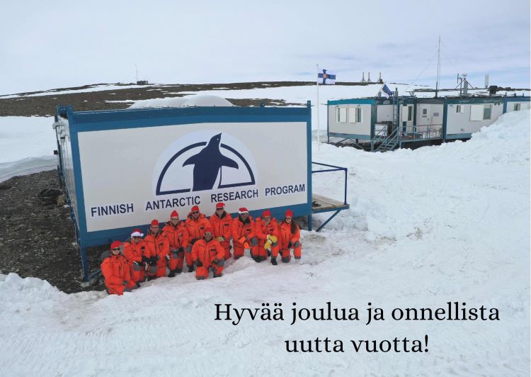 Retkikunnan ryhmäkuva ja joulutervehdys tutkimusasema Aboalta