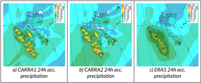 Kolme karttakuvaa. Vasemmanpuoleisessa ja keskimmäisessä kuvassa sateen maksimimäärä on 181 ja 210 millimetriä, oikeanpuoleisessa kuvassa se on 47 millimetriä.