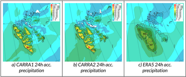 Kolme karttakuvaa. Vasemmanpuoleisessa ja keskimmäisessä kuvassa sateen maksimimäärä on 181 ja 210 millimetriä, oikeanpuoleisessa kuvassa se on 47 millimetriä.
