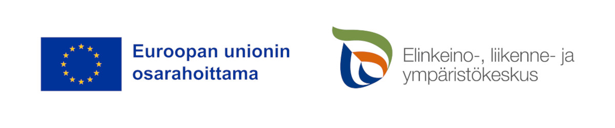 AurinkoSuo-hankkeen rahoittajien logot: Euroopan unionin osarahoittamasta hankkeesta kertova logo ja Elinkeino-, liikenne- ja ympäristökeskuksen logo.