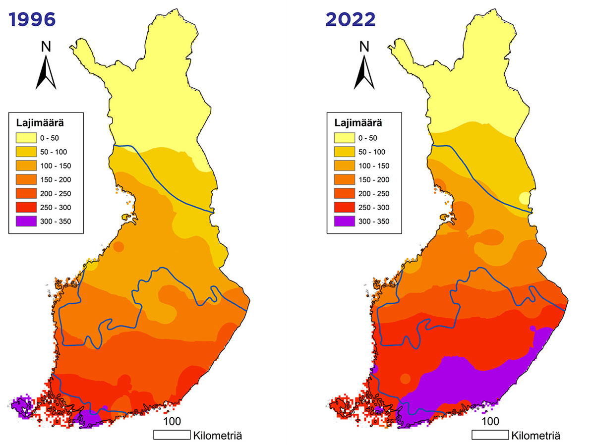 Karttakuva näyttää, että lajimäärät ovat kasvaneet vuodesta 1996 vuoteen 2022 voimakkaimmin Etelä-Suomessa. Lajimäärä on kasvanut siellä paikoin 200-250 lajista 300-350 lajiin.