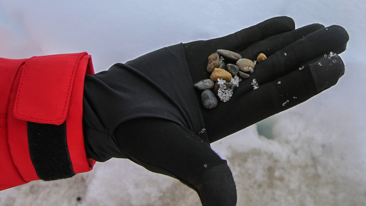 Jäänäytteistä löytyi pieniä kiviä ja simpukoita, jotka olivat peräisin jään syntypaikalta Uuden-Sipean saarilta.