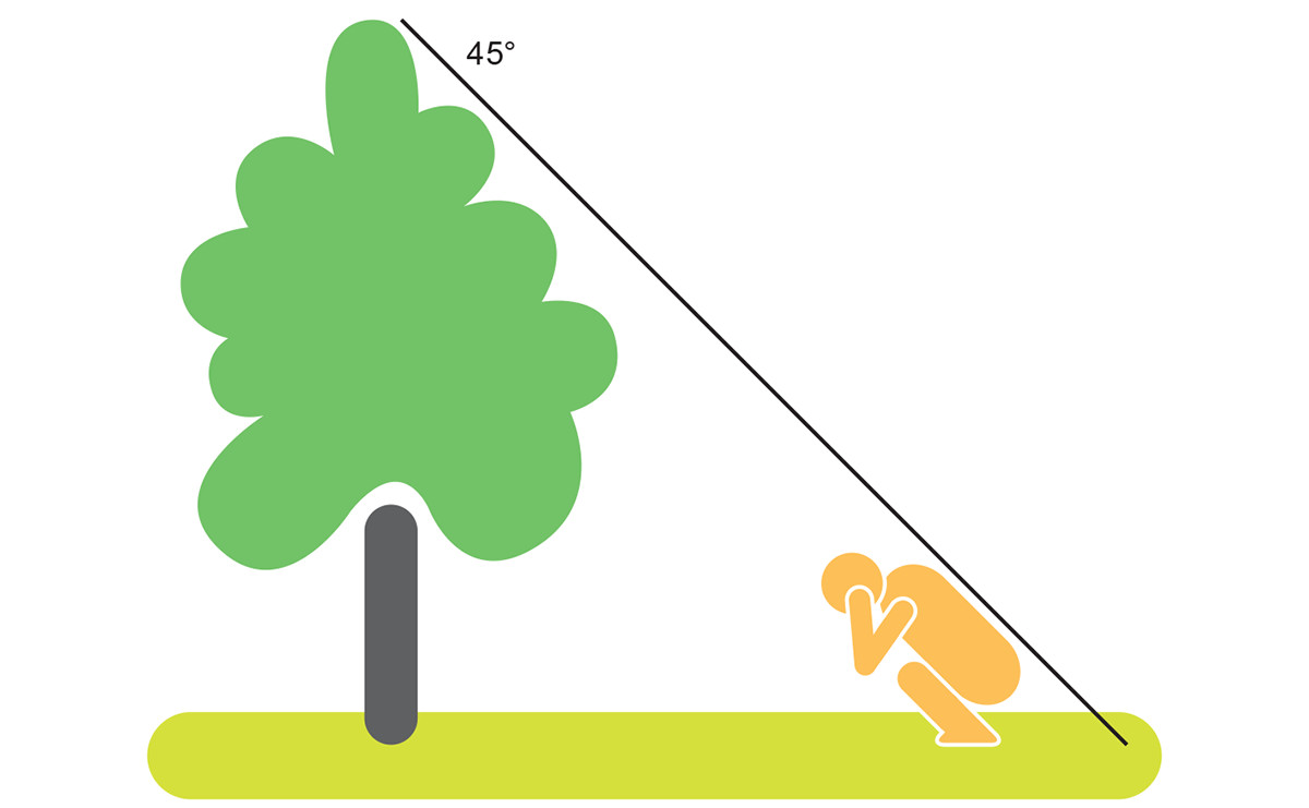 Kuvituskuva, jossa ihminen kyykistyy puun korkeutta vastaavalle etäisyydelle kädet korvilla.