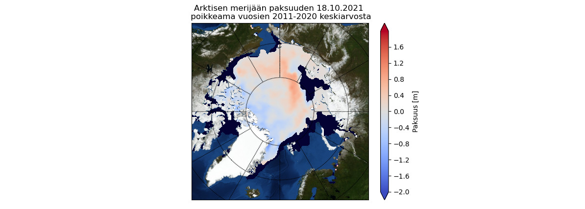 Kuvassa näkyy sinisellä laajoja alueita Grönlannin ja Kanadan rannikoilla, joilla arktisen merijään paksuus on tavanomaista pienempi. Vastakkaisella puolella arktista jääpeite taas on tavanomaista paksumpi.