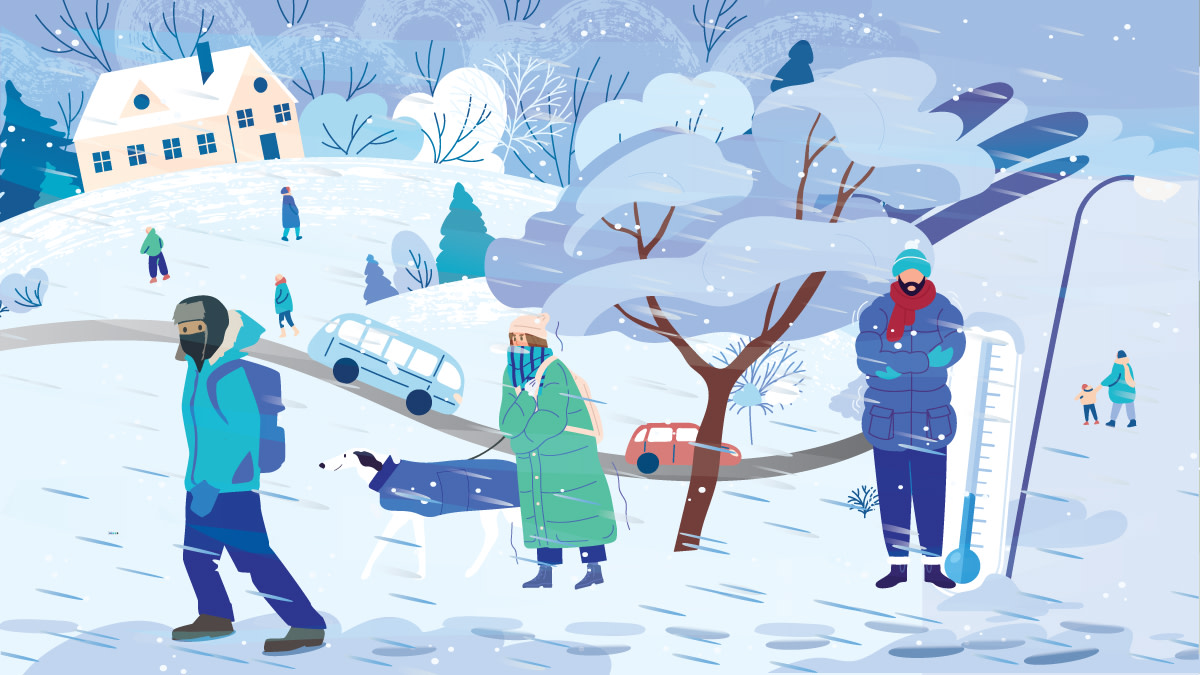 Ihmisillä on paljon vaatetta, huivit kasvojen edessä ja paksut pipot. Lämpötila on alhainen ja tuulee. 