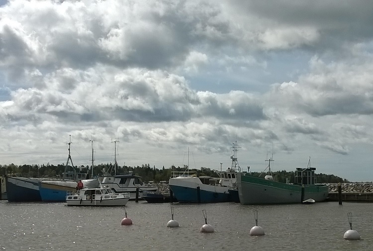 Venesatama veneineen ja laivoineen. Taivaasta reilusti puolet on pilvien peitossa.