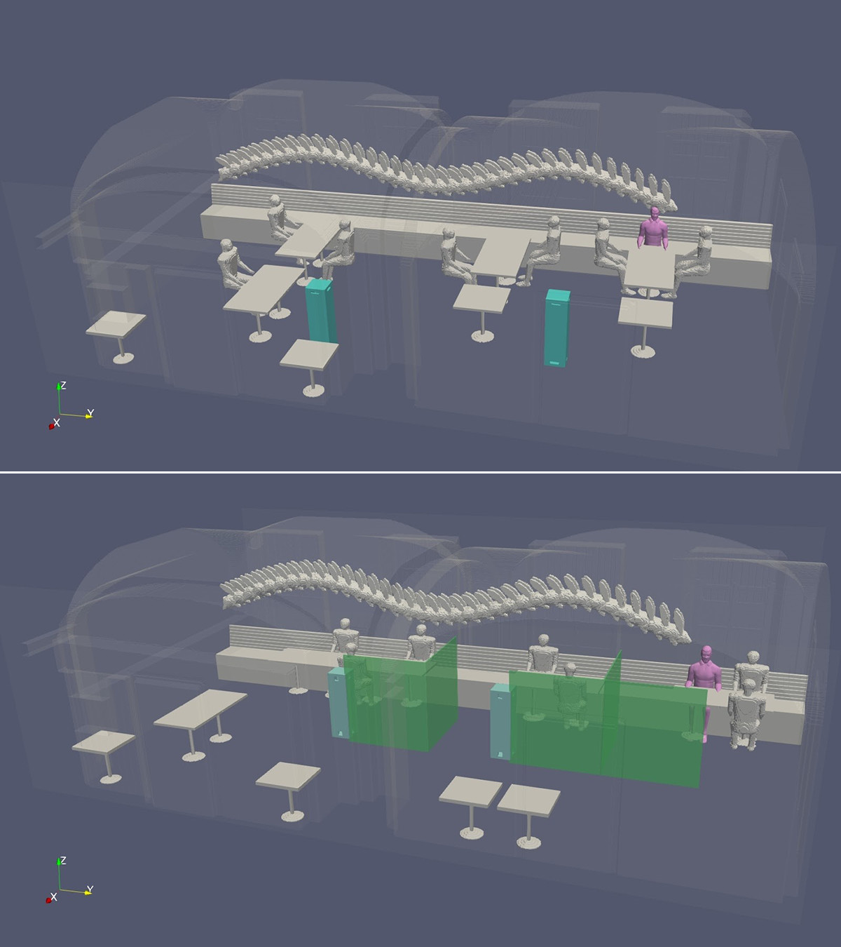 Esimerkki ravintola Ultiman 3D-mallista, jossa on mallinnettu ilmanpuhdistimien vaikutusta virusten leviämiseen ilman tilajakajia ja tilanjakajien kanssa. Kuvassa näkyvät myös kuvitteellinen sairastunut henkilö, ilmanpuhdistimet ja tilanjakajat.