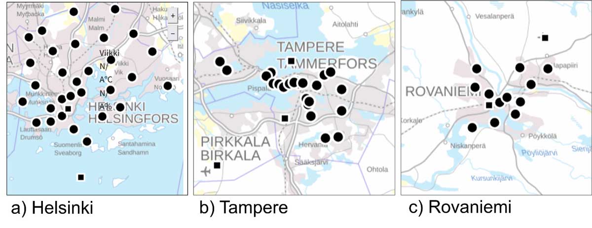 Ilmatieteen laitoksen kaupunkimittausverkostojen asemat, joita on sijoitettu kaupunkien eri osiin. Kolme karttaa.