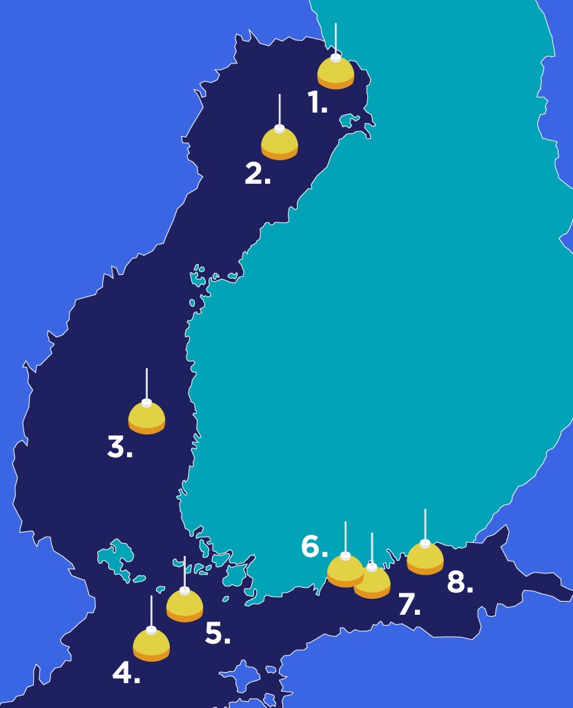 Aaltopoijujen sijainnit Itämeren kartalla.